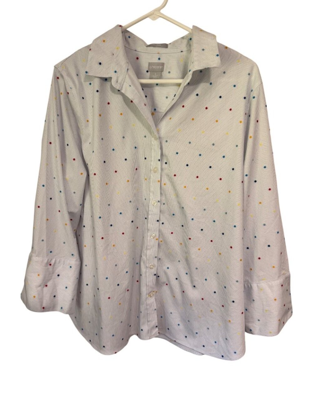Chico's Button Down Shirt Lt Blue Stretch Polka Dot no Iron womans 3/XL